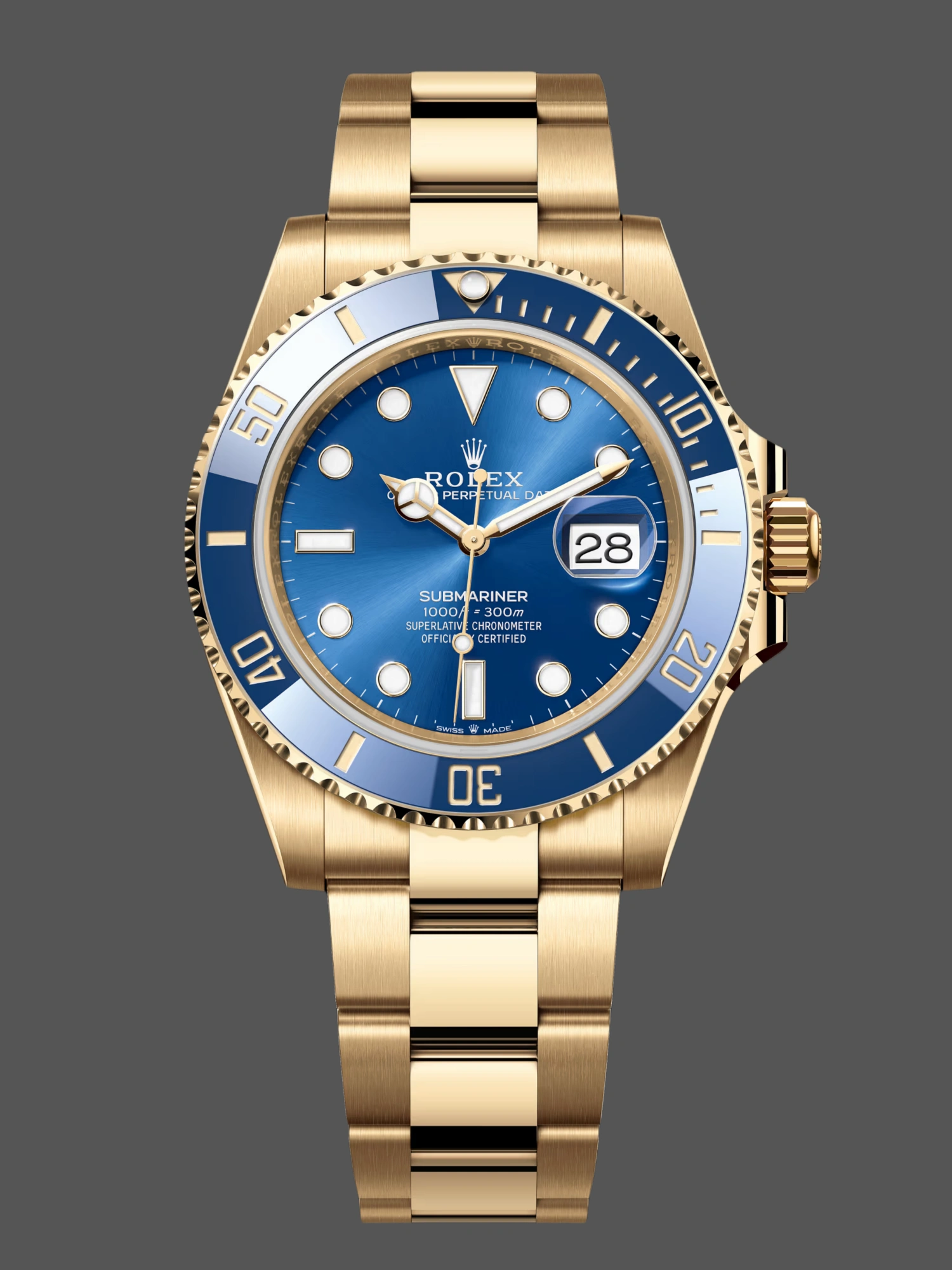 Front view of Rolex Submariner 126618LB with blue dial, gold case, and ceramic bezel.