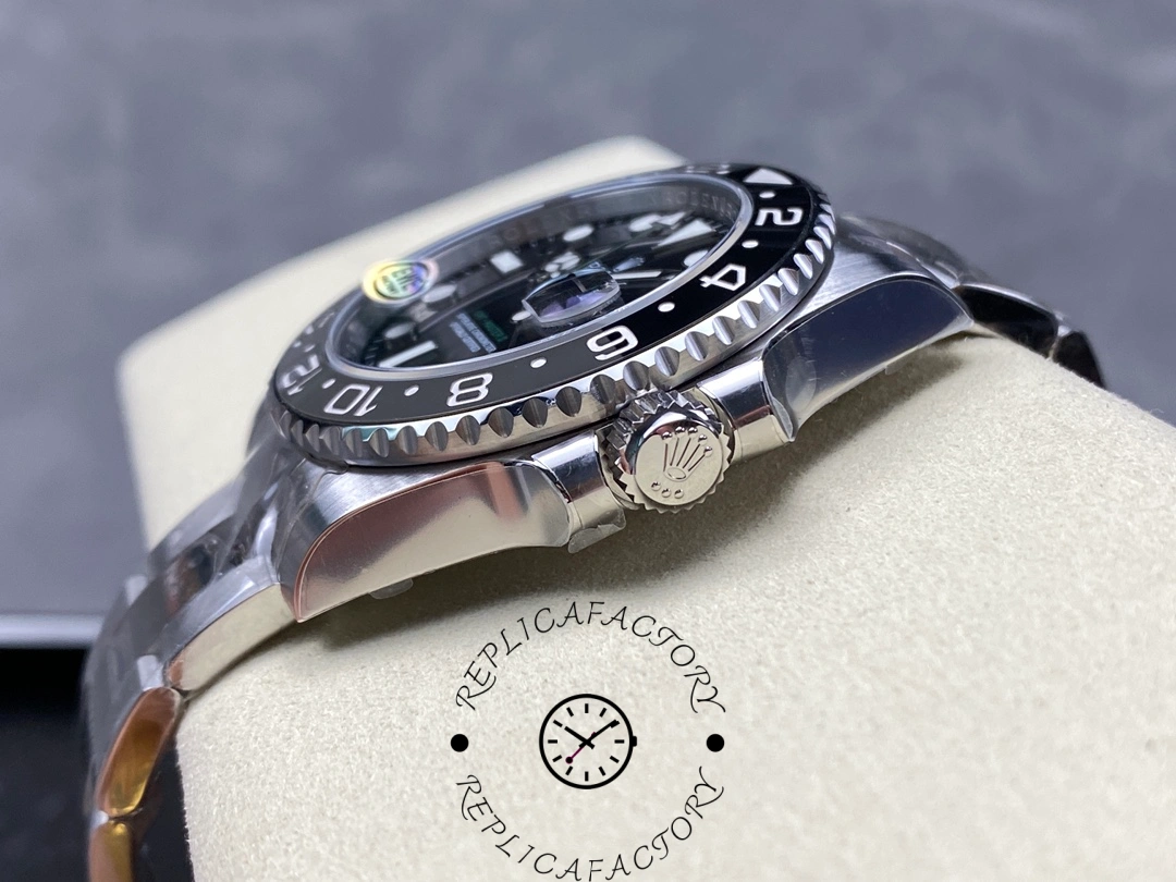 Crown side of Rolex GMT-Master II M126710GRNR-0004 with engraved Rolex crown.