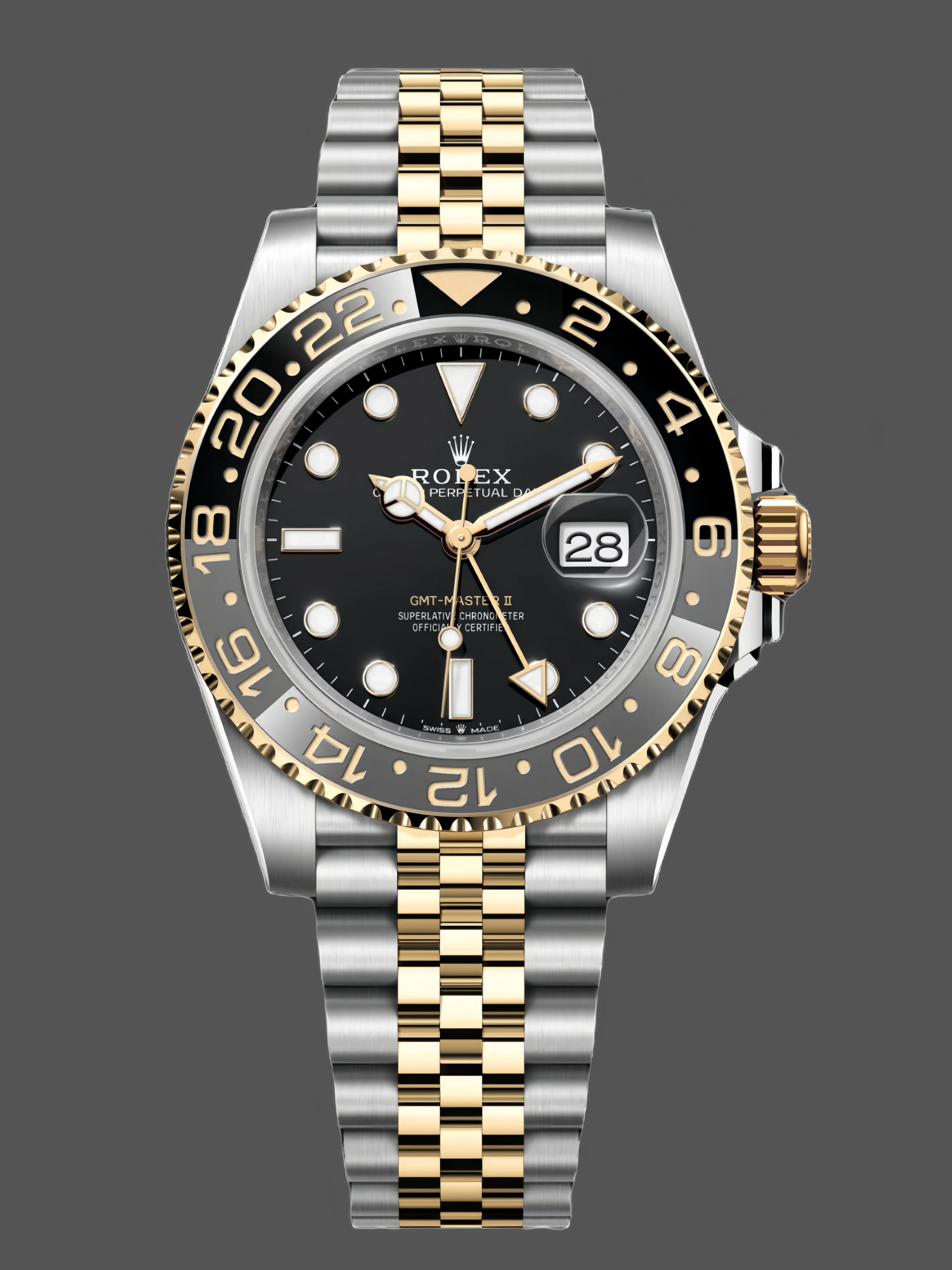 Front view of Rolex GMT-Master II 126713GRNR-0001 with black dial, gold bezel, and Jubilee bracelet.