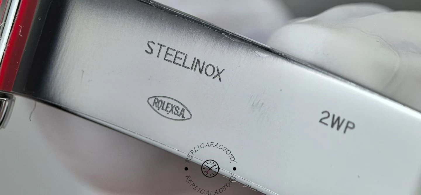 Rolex Yacht-Master 126622 clasp engraving close-up showing STEELINOX ROLEXSA 2WP markings