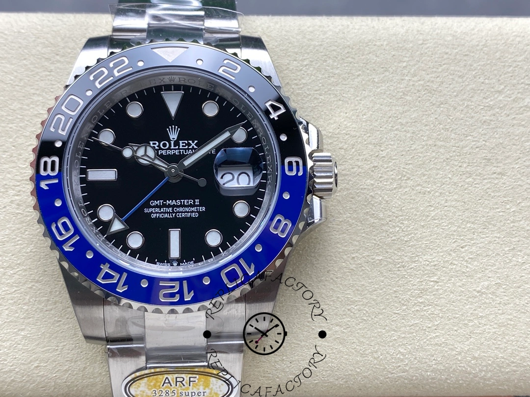 Front view of Rolex GMT-Master II 116710BLNR with black dial and blue-black “Batman” bezel.
