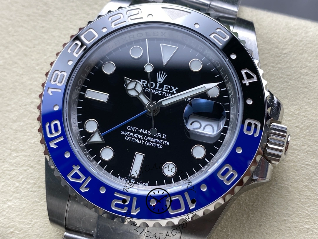 Detailed angle of Rolex GMT-Master II 116710BLNR highlighting polished lugs and bezel reflection.