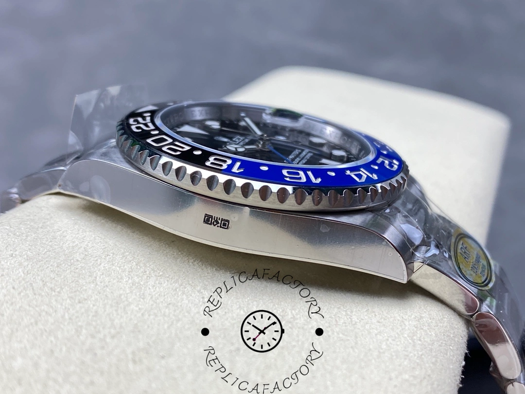 Side profile of Rolex GMT-Master II 116710BLNR showing brushed steel case and bezel edge.