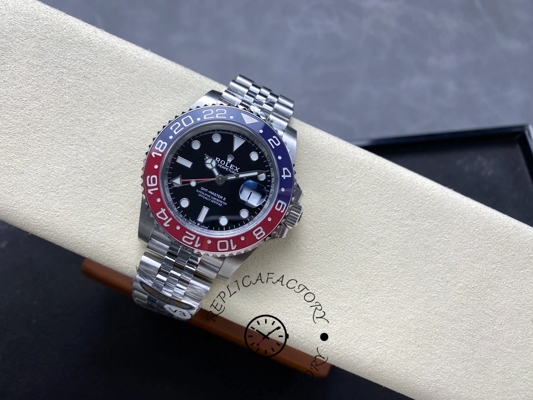 Angled top view of Rolex GMT-Master II 126710BLRO showing blue and red bezel contrast.