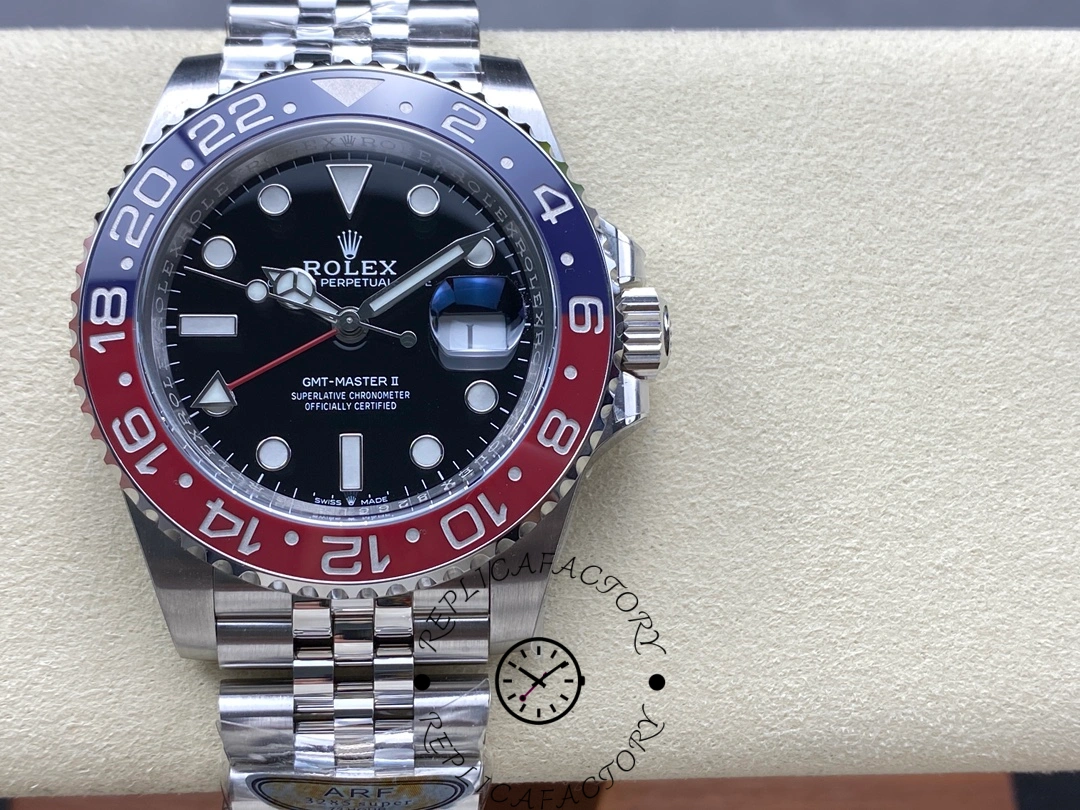 Front view of Rolex GMT-Master II 126710BLRO showing the red and blue “Pepsi” bezel and black dial on Jubilee bracelet.