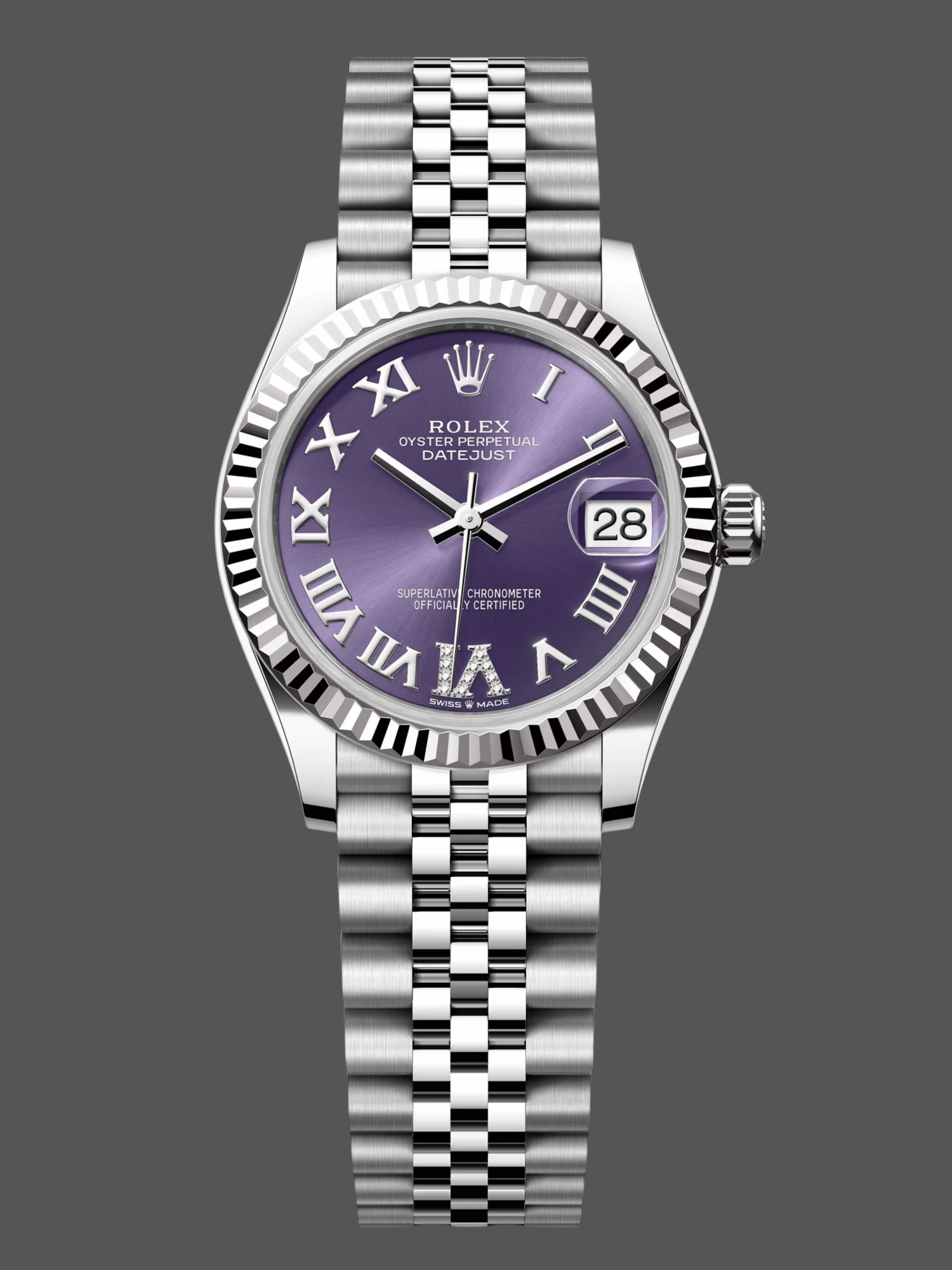 Official image of Rolex Datejust 31 reference 278274-0026 in white Rolesor with purple sunray dial, Roman numerals, and diamond VI on Jubilee bracelet.