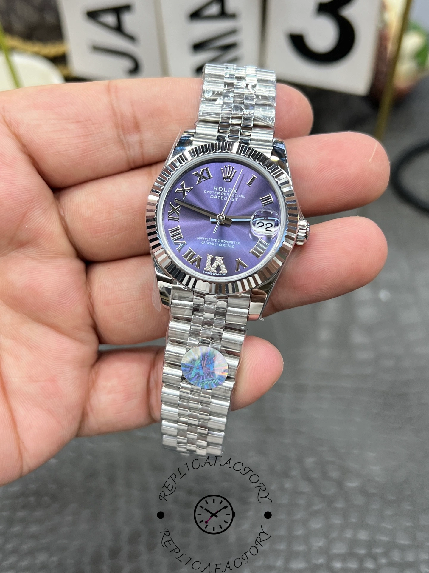 Front full view of ReplicaFactory Rolex Datejust 31mm 278274-0026 showing Jubilee bracelet and polished lugs.