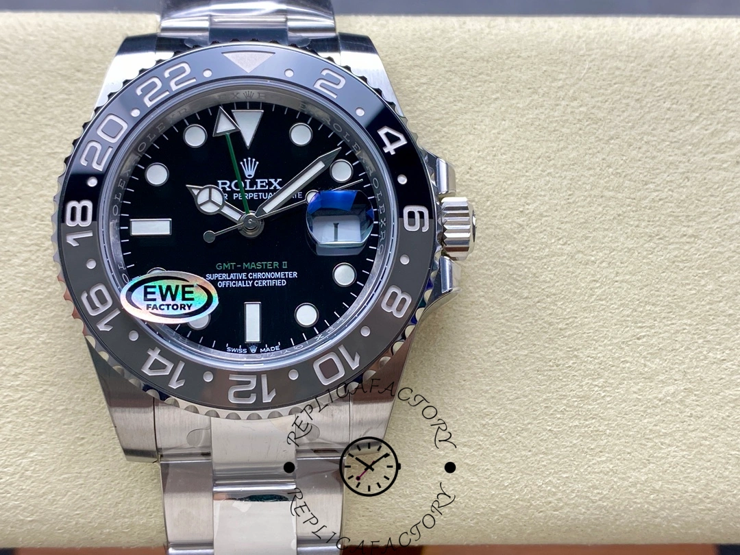 Rolex GMT-Master II M126710GRNR-0004 black dial automatic watch front view.