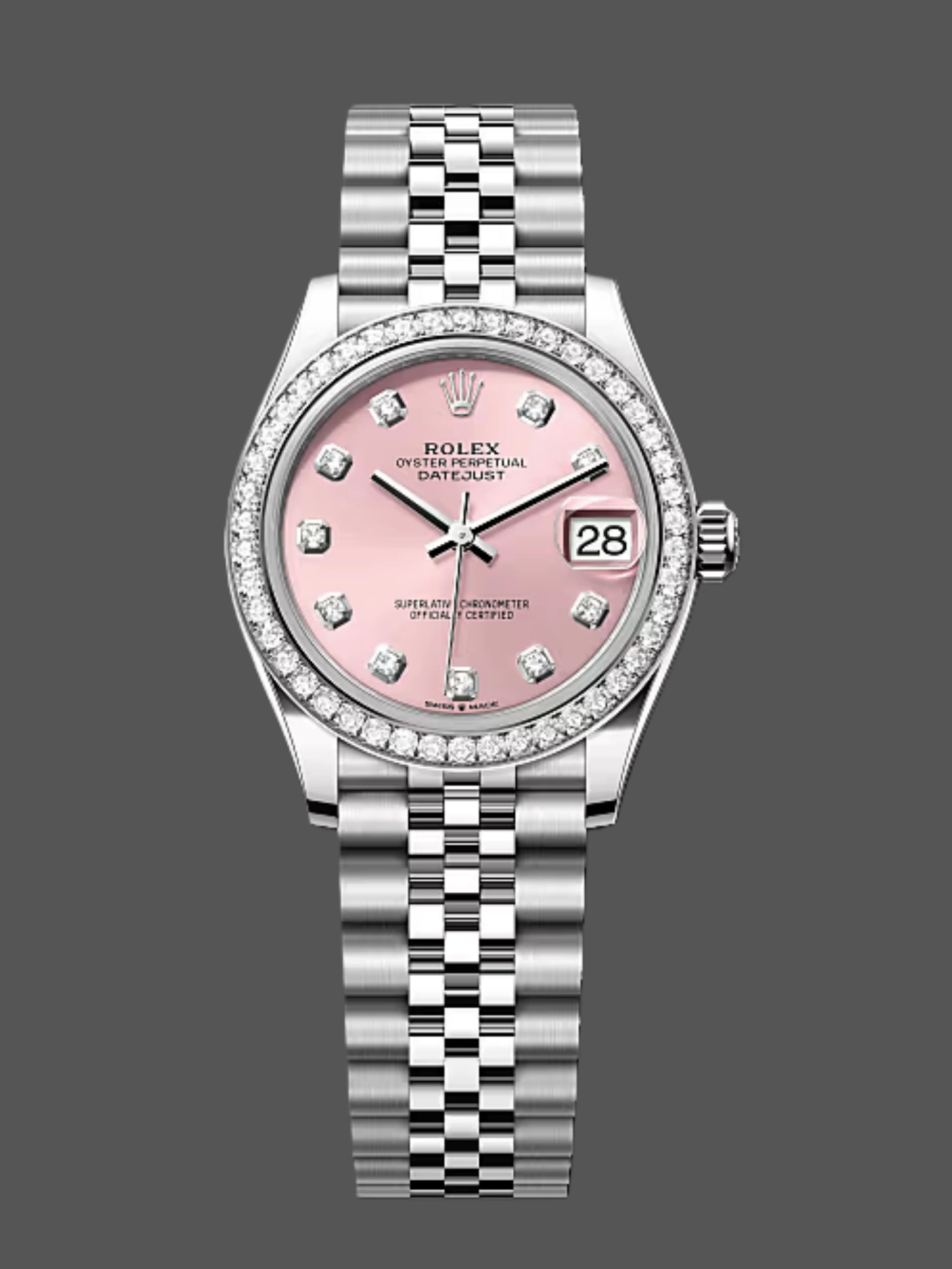 Front view of Rolex Datejust 31 m278384rbr 0036 with pink dial, diamond bezel, and jubilee bracelet.