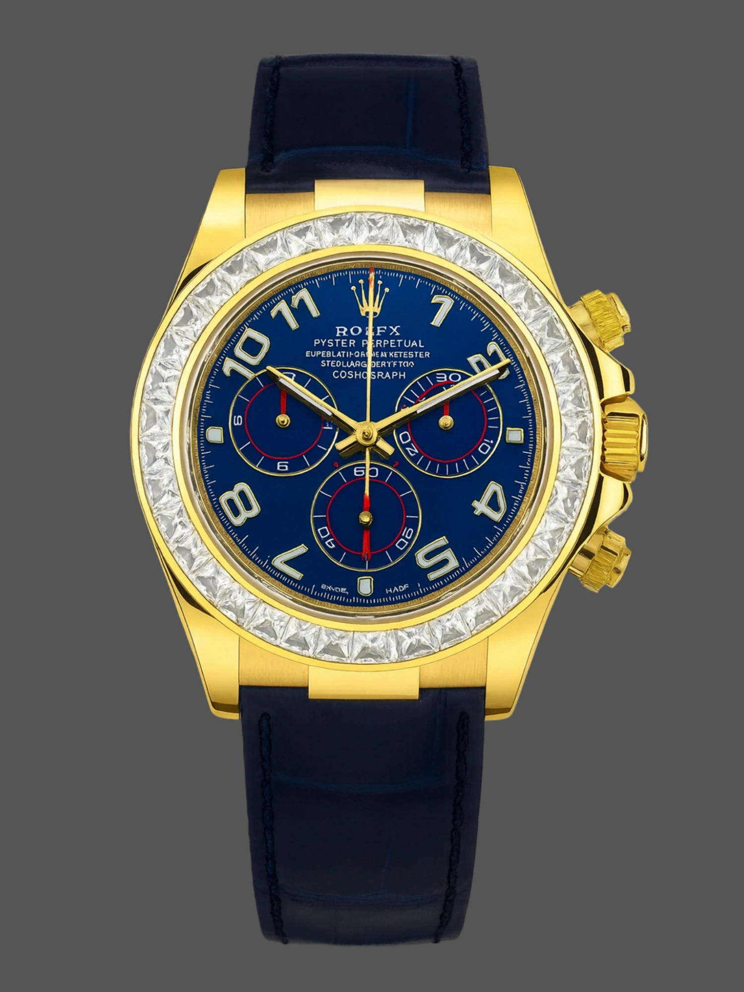 Front view of Rolex Daytona 116518 Diamond Edition with blue dial and gold case.