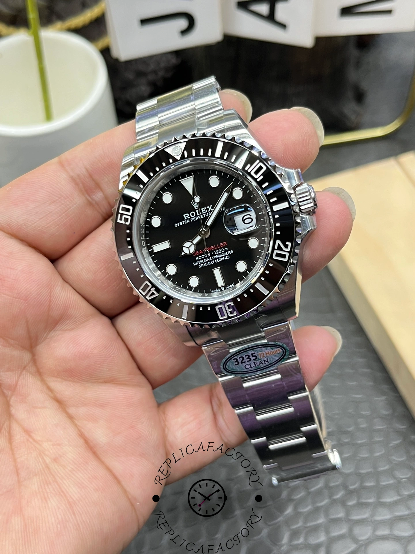 Angled view of Rolex Sea-Dweller 126600-0002 highlighting the 43mm case and Oyster bracelet.