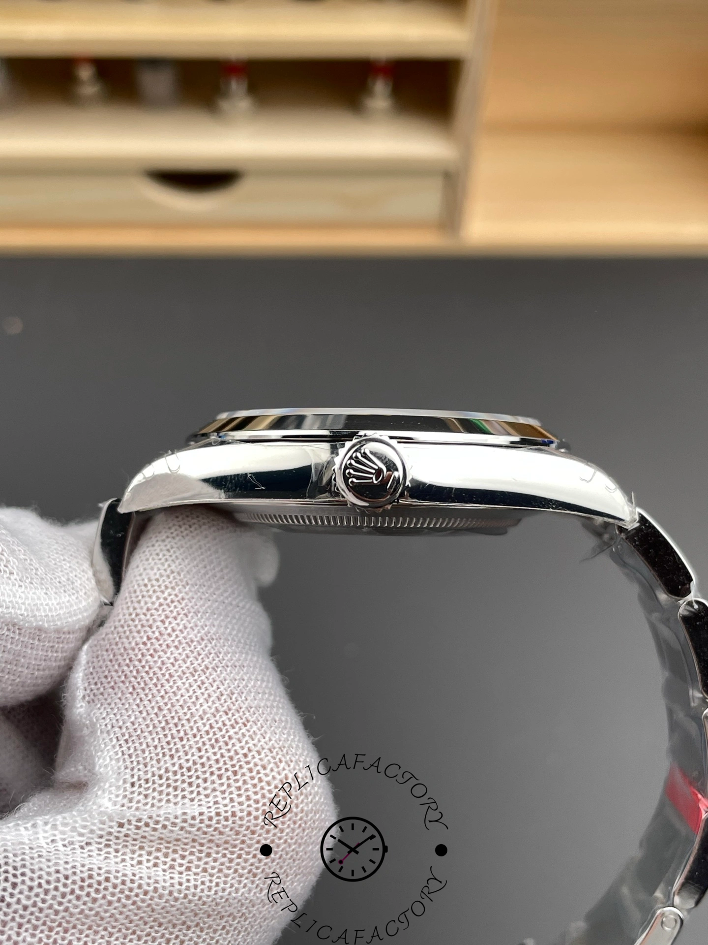 Side view of Rolex Explorer 224270 showing screw-down crown with Rolex logo.