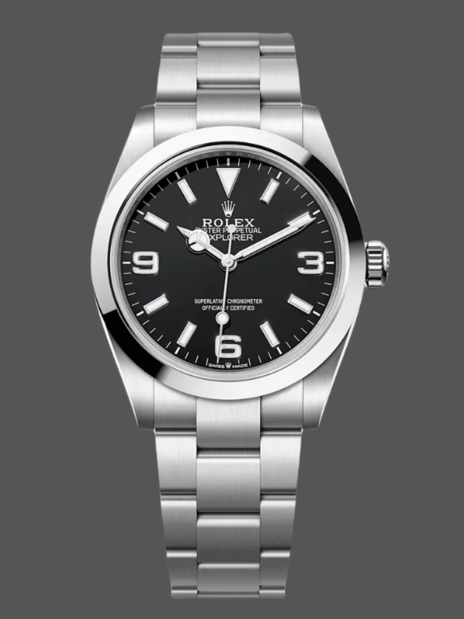 Front view of Rolex Explorer 224270 with black dial and stainless steel Oyster bracelet.