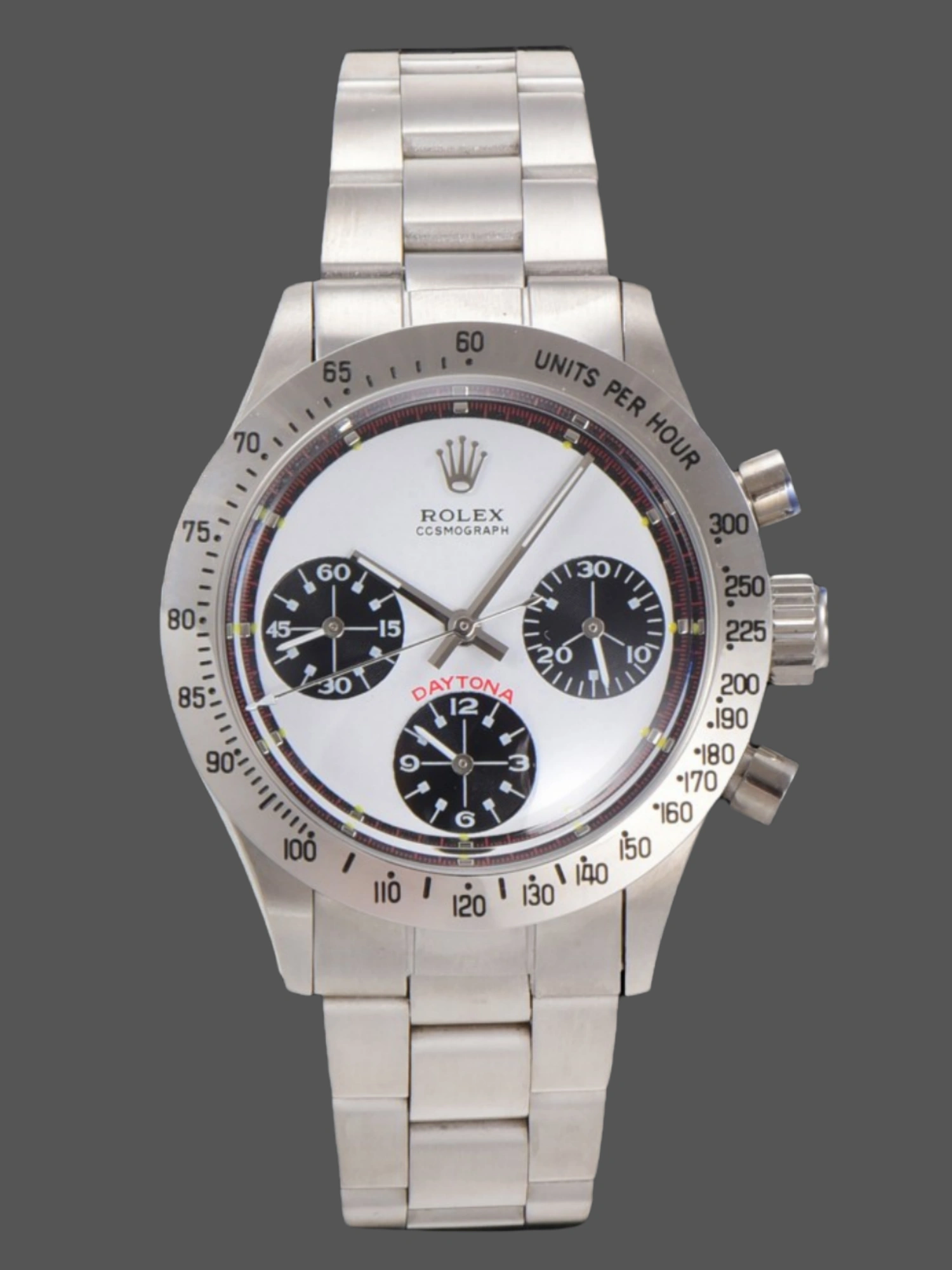 Front view of Rolex Daytona 6239 showing white dial with black subdials and stainless steel bezel.