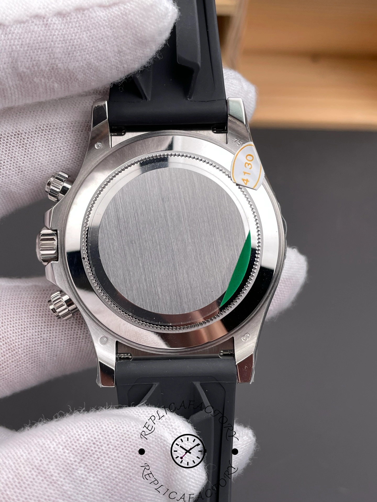 Caseback of Rolex Daytona 126519LN-0007 with brushed steel finish and 4130 marking.