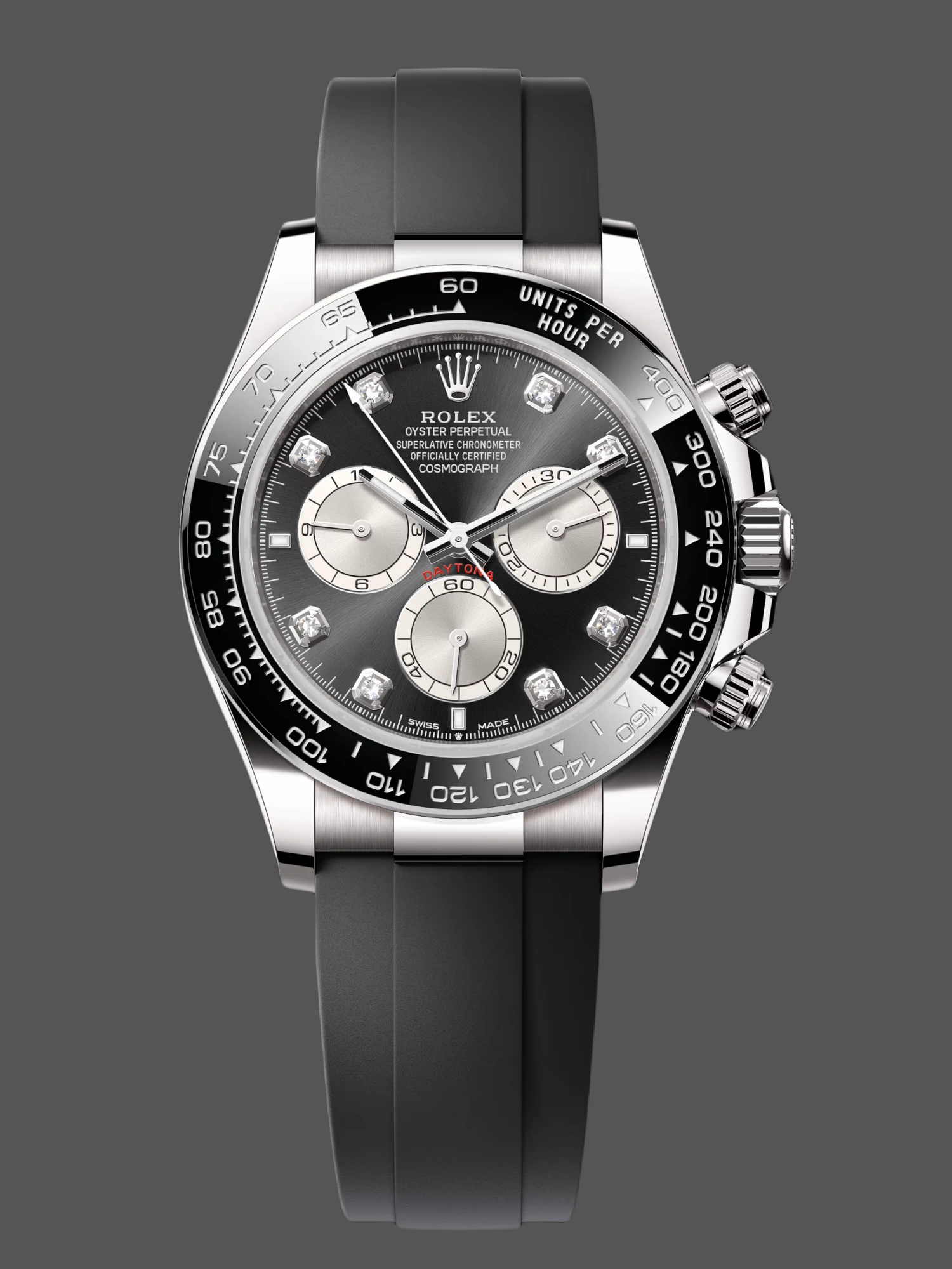 Front view of Rolex Cosmograph Daytona 126519LN with black dial, diamond hour markers, and Oysterflex strap.
