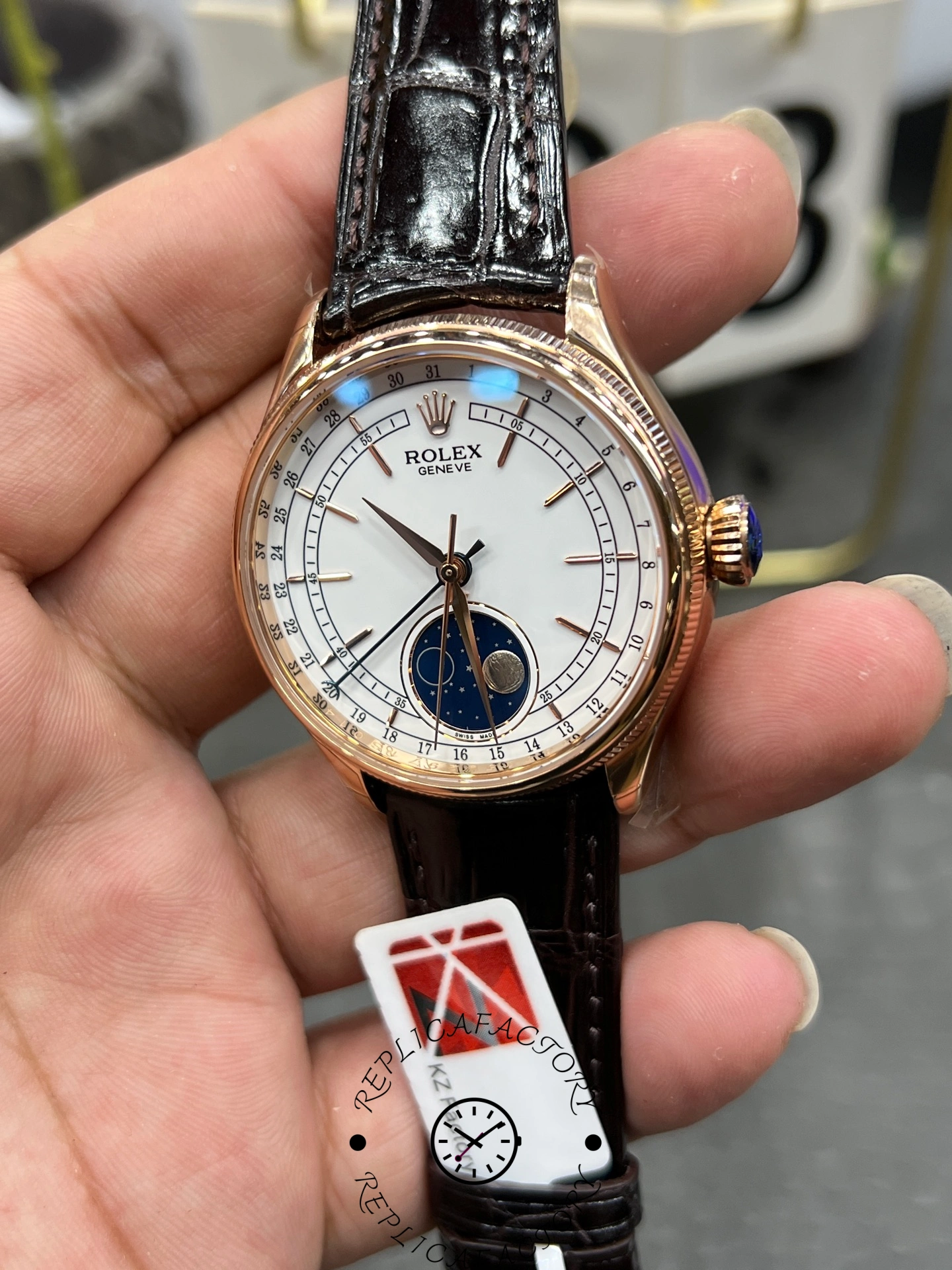 Back view of Rolex Cellini 50535 showing solid caseback and leather strap stitching.