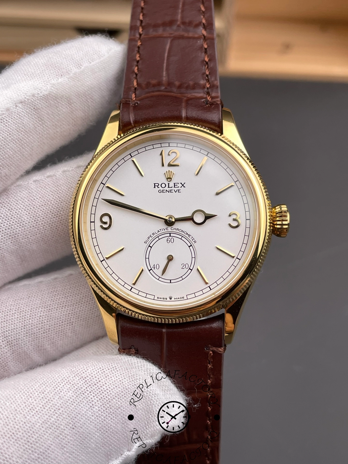 Straight-on view of Rolex 1908 52508 emphasizing minimalist white dial layout.