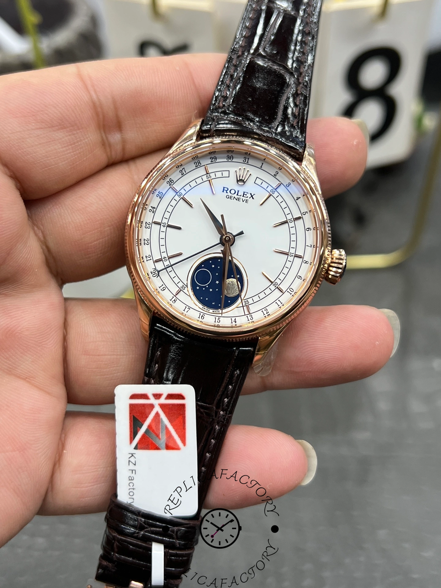 Straight-on view of Rolex Cellini 50535 emphasizing blue moonphase display.