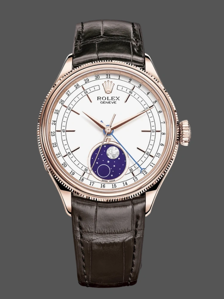 Front view of Rolex Cellini 50535 with white dial, moonphase display, and brown leather strap.