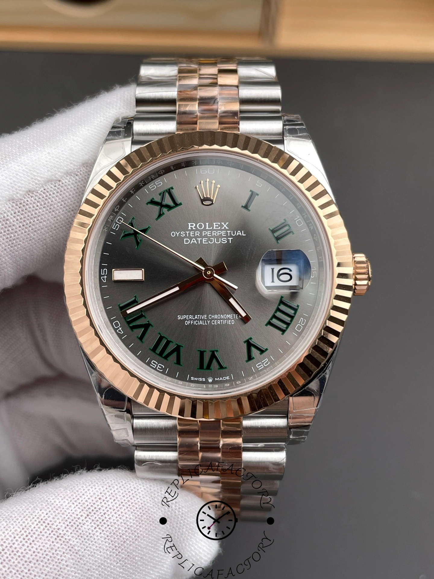 Close-up of Rolex Datejust 41 m126331-0016 highlighting dial details and date window.