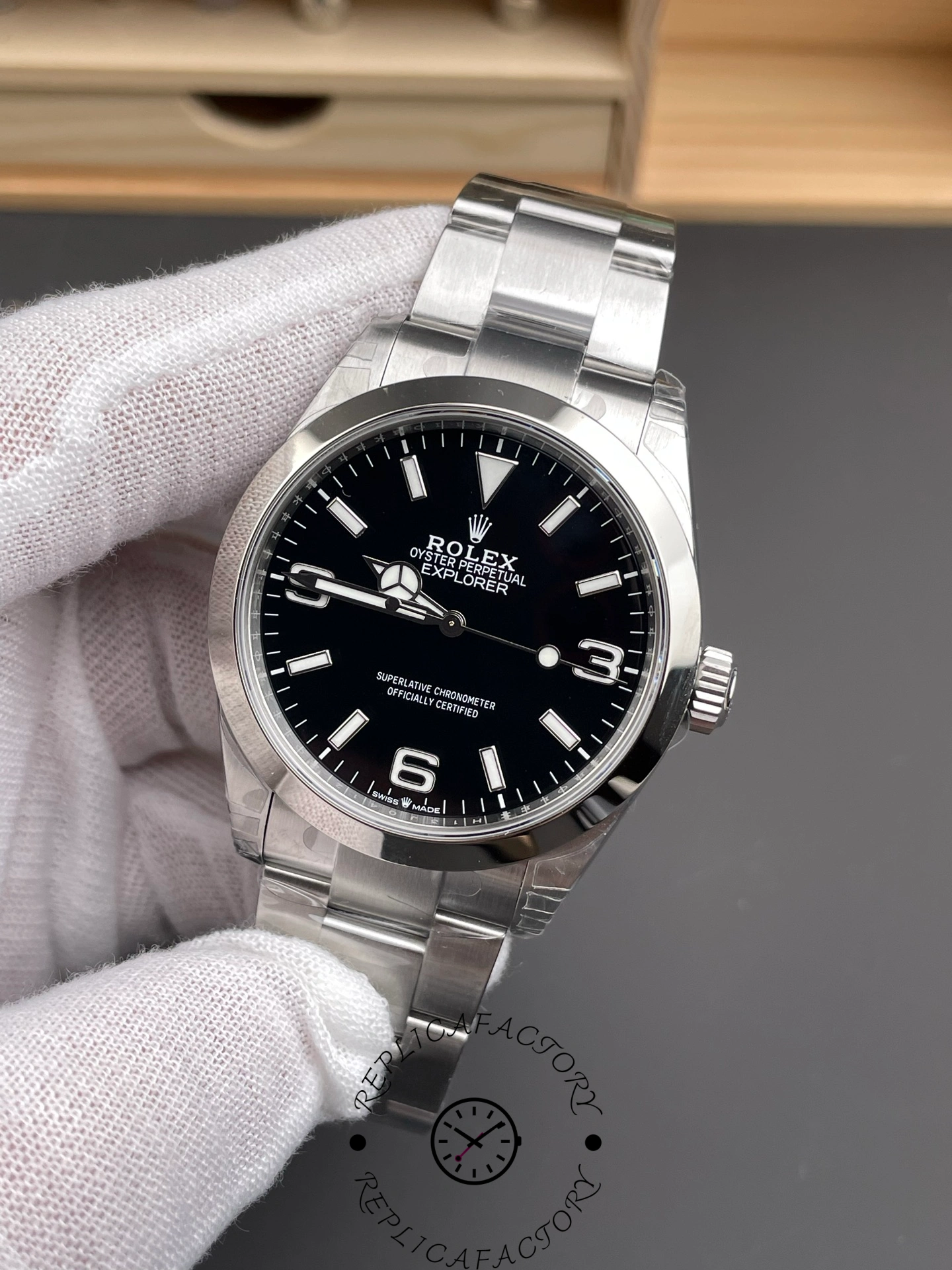 Slightly tilted view of Rolex Explorer 224270 with clear Superlative Chronometer text.