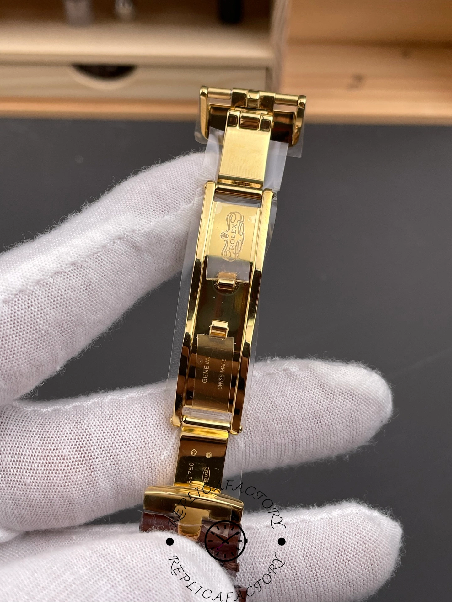 Inside clasp of Rolex 1908 52508 engraved with Rolex logo and Swiss Made.