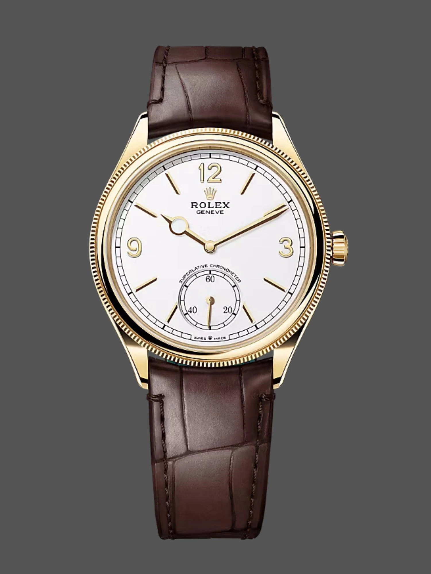 Front view of Rolex 1908 52508 in yellow gold with white dial and brown leather strap.