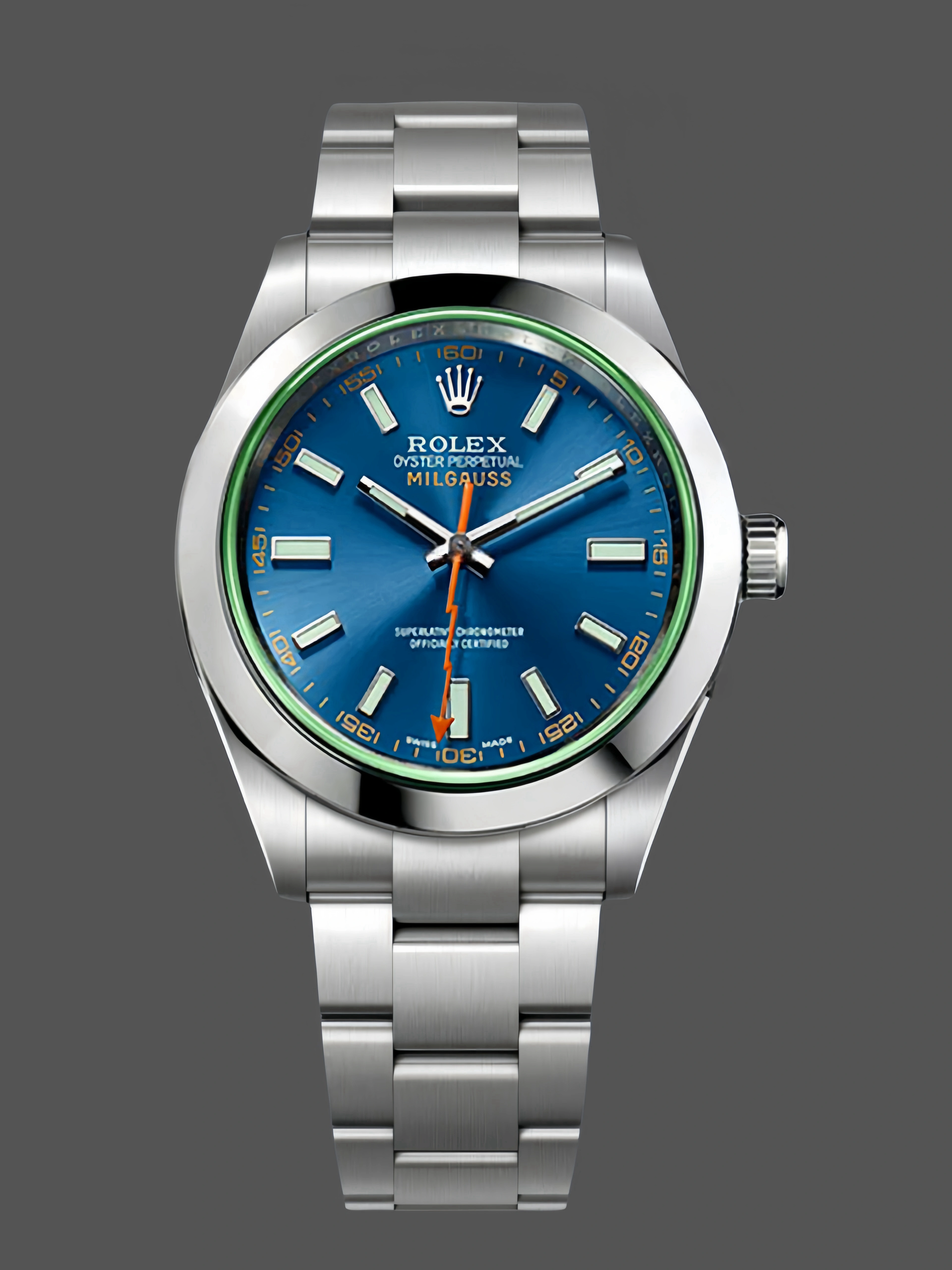 Front view of Rolex Milgauss 116400GV with Z-blue dial and orange lightning bolt seconds hand.