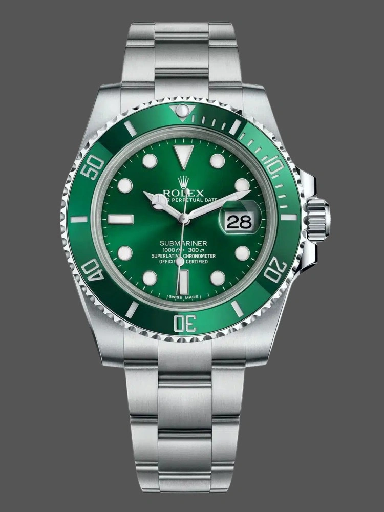 Front view of Rolex Submariner Date 116610LV with green dial and bezel, showing the date at 3 o’clock.