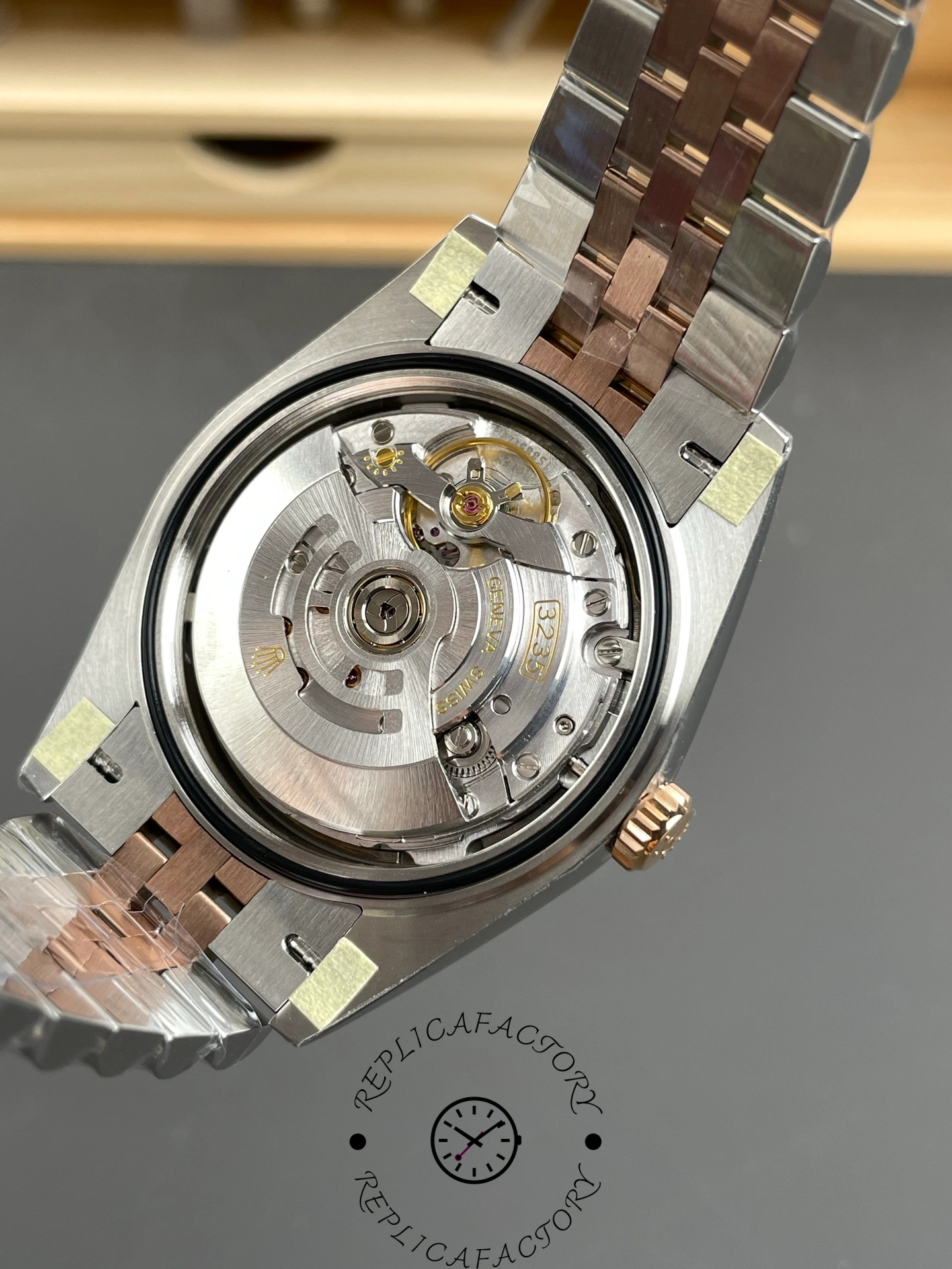 Display caseback of Rolex Datejust 41 m126331-0016 showing automatic 3235 movement.