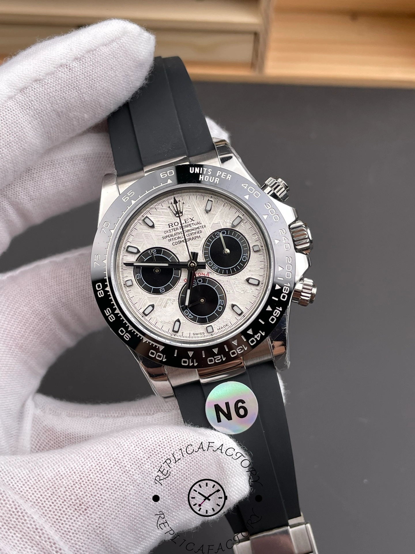 Angled front of Rolex Daytona 126519LN-0007 with meteorite dial and Oysterflex strap.