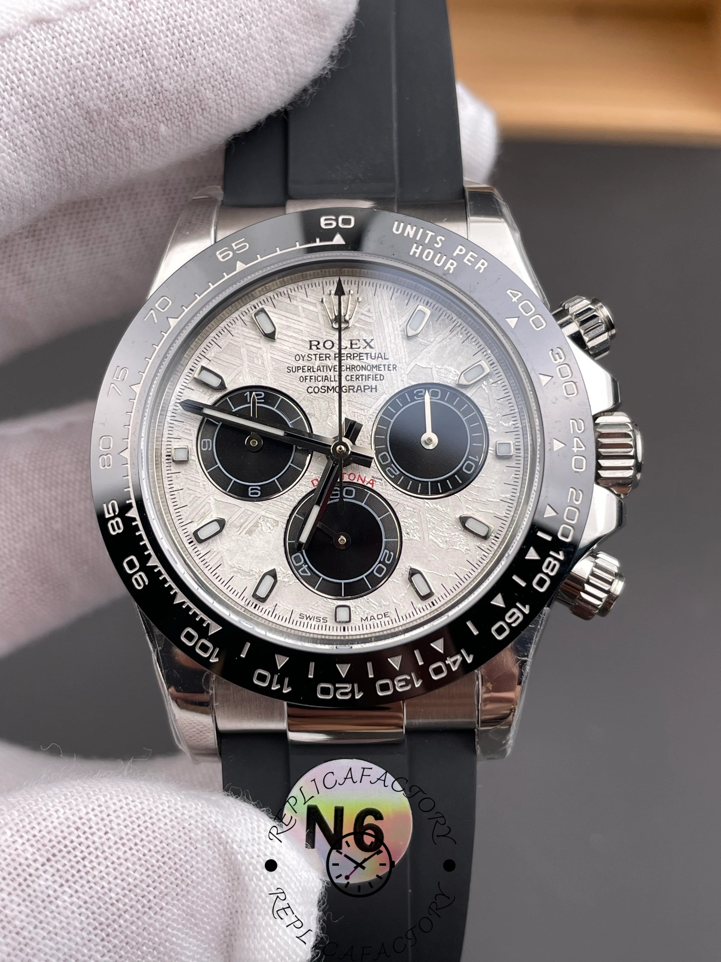 Close-up of Rolex Daytona 126519LN-0007 highlighting meteorite texture and chronograph layout.