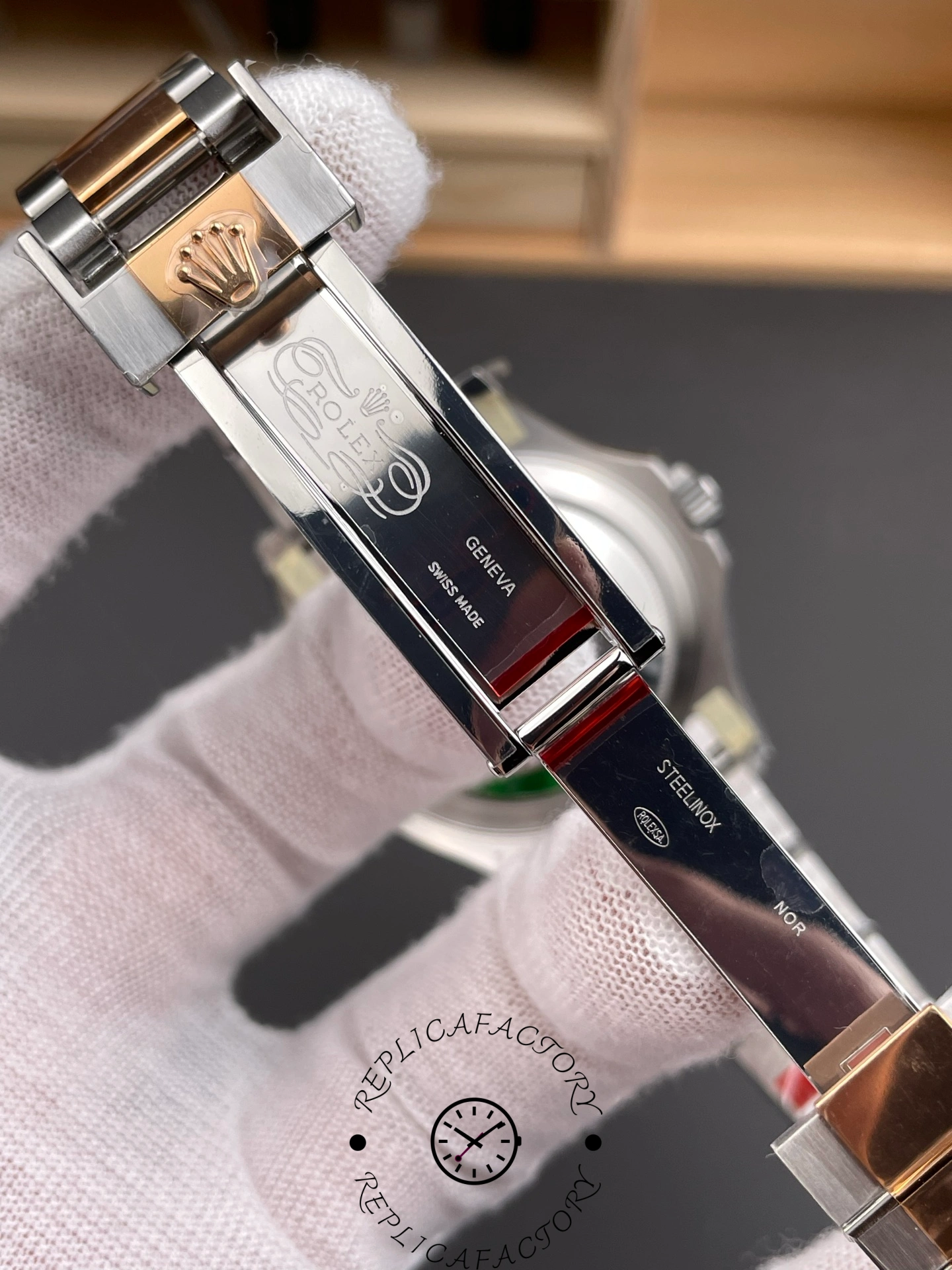 Inside clasp of Rolex Yacht-Master 126621 showing Rolex Geneva engravings.