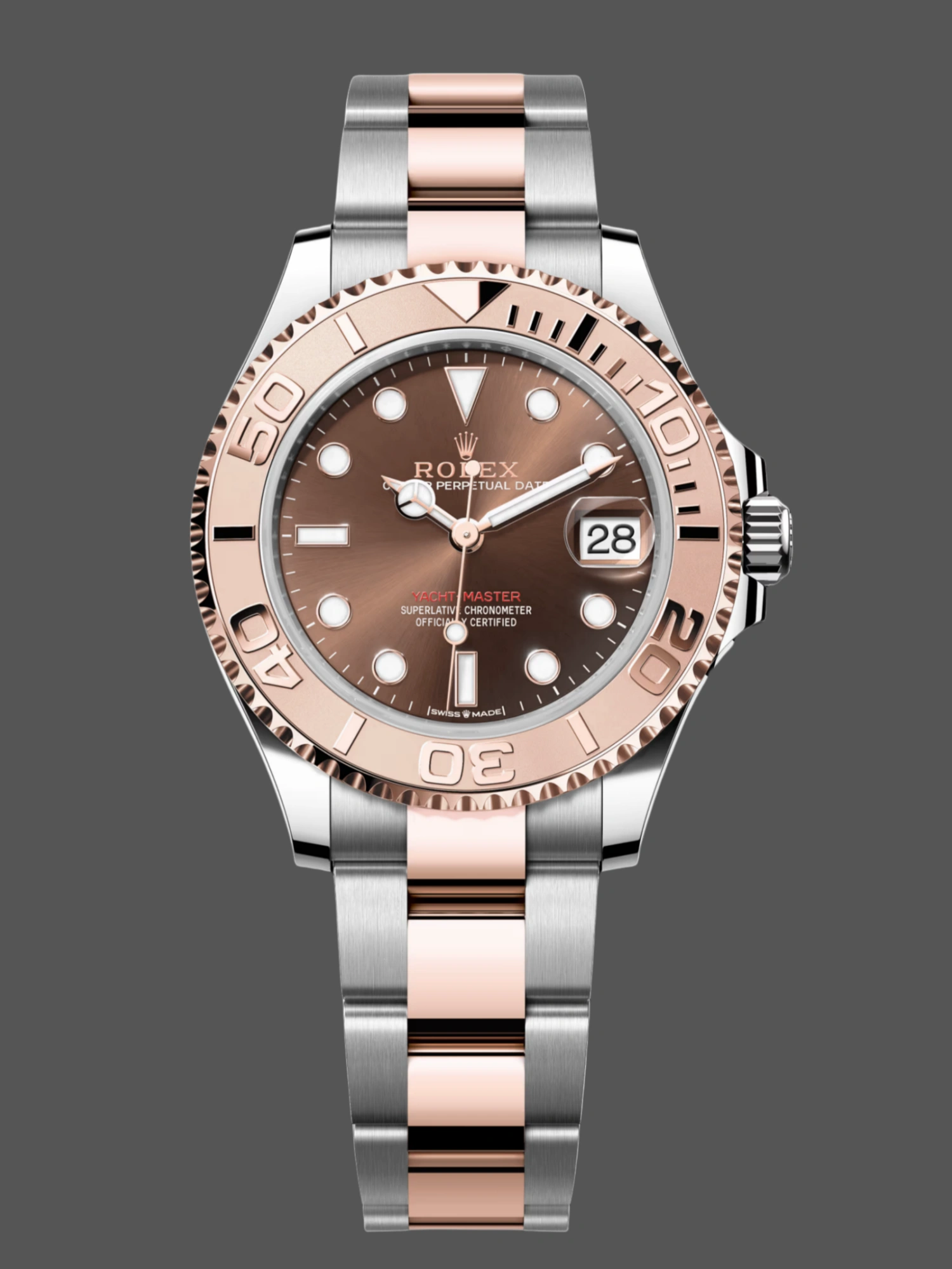 Front view of Rolex Yacht-Master 126621 showing chocolate dial, Everose bezel, and Oyster bracelet.