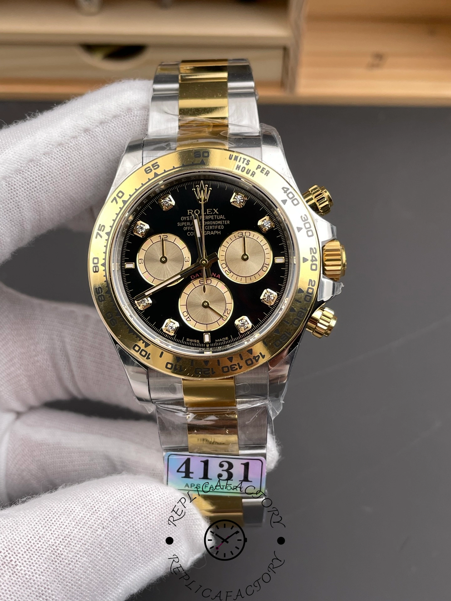 Front view of Rolex Daytona 126503-0002 with black dial and diamond hour markers.