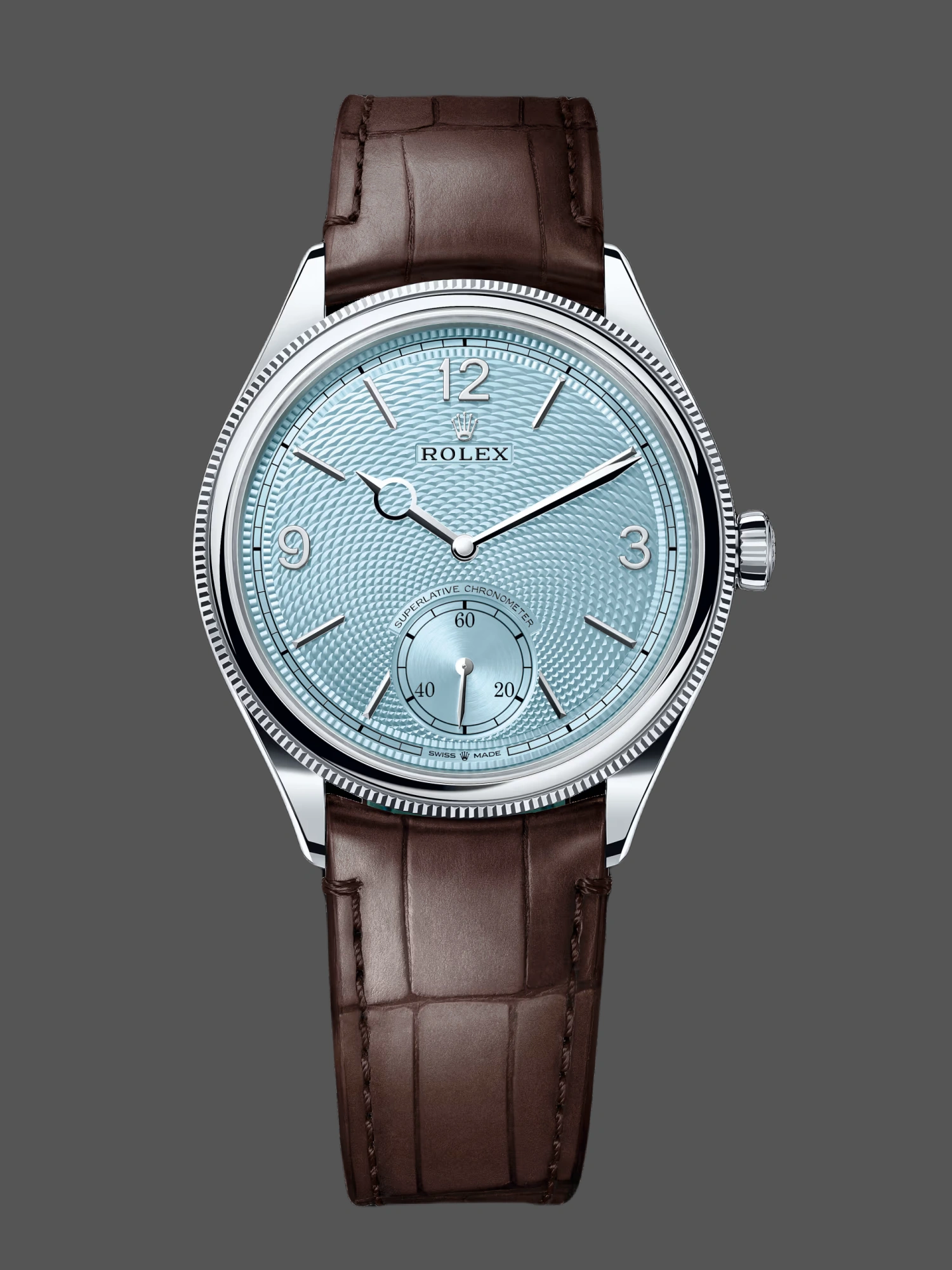 Front view of Rolex 1908 52506 platinum watch with ice blue dial and brown leather strap.