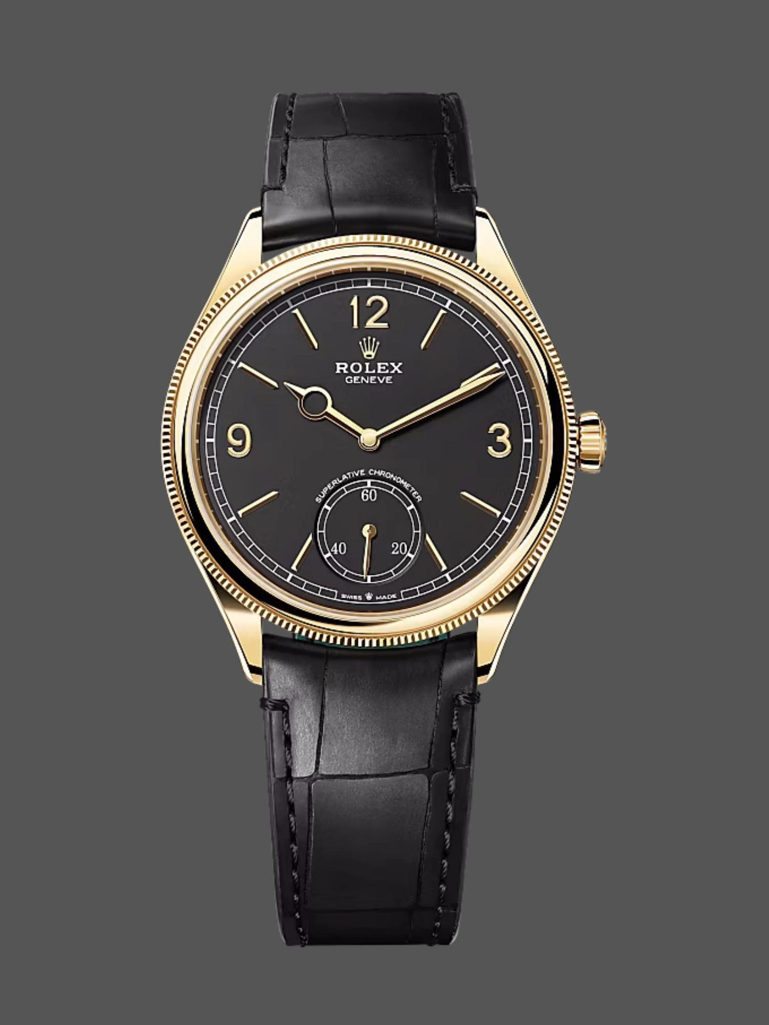 Front view of Rolex Perpetual 1908 52508-0002 showing black dial, gold case, and black leather strap.