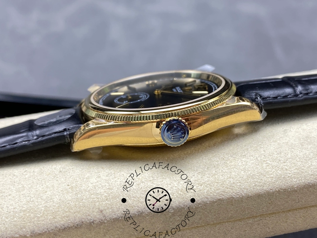 Side view of Rolex Perpetual 1908 52508-0002 showing fluted crown with Rolex logo.