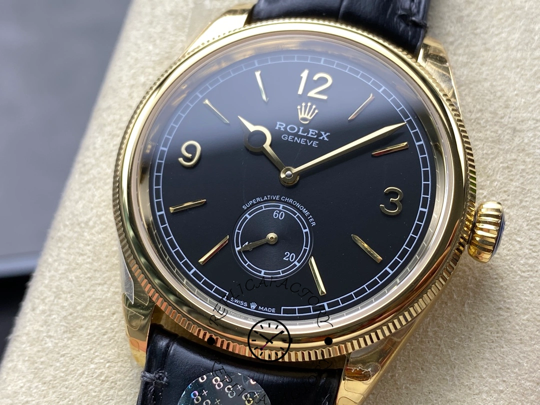 Detailed view of Rolex Perpetual 1908 52508-0002 showing dial texture and gold numerals.