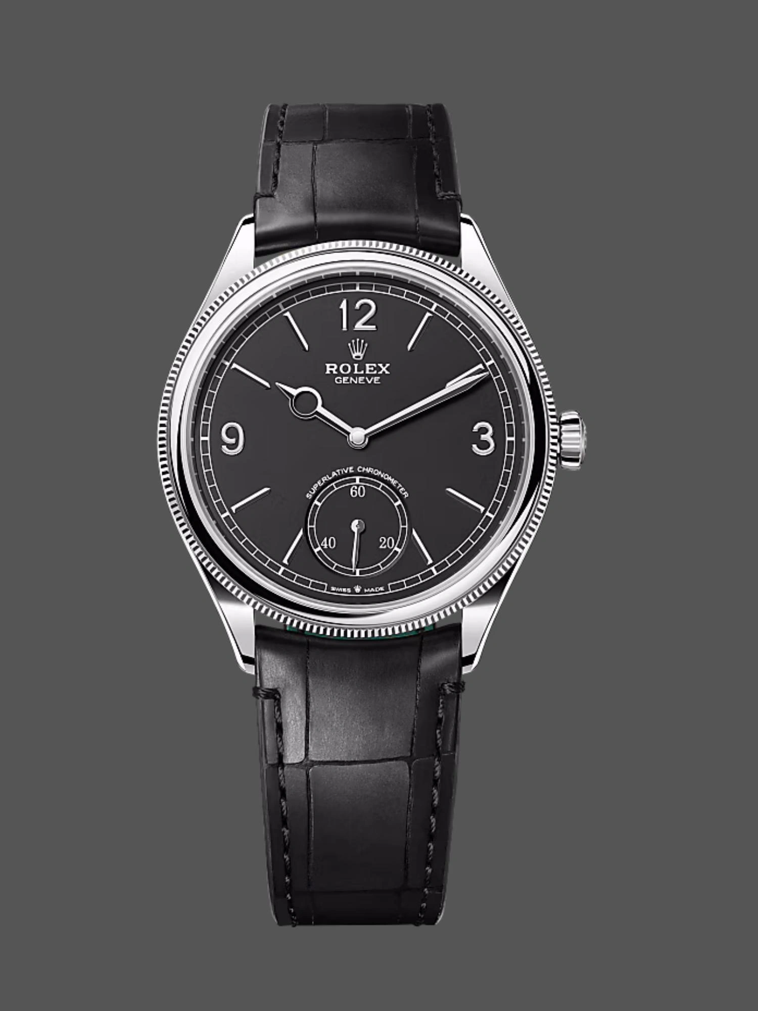 Front view of Rolex 1908 52509 with black dial, white gold case, and black leather strap.