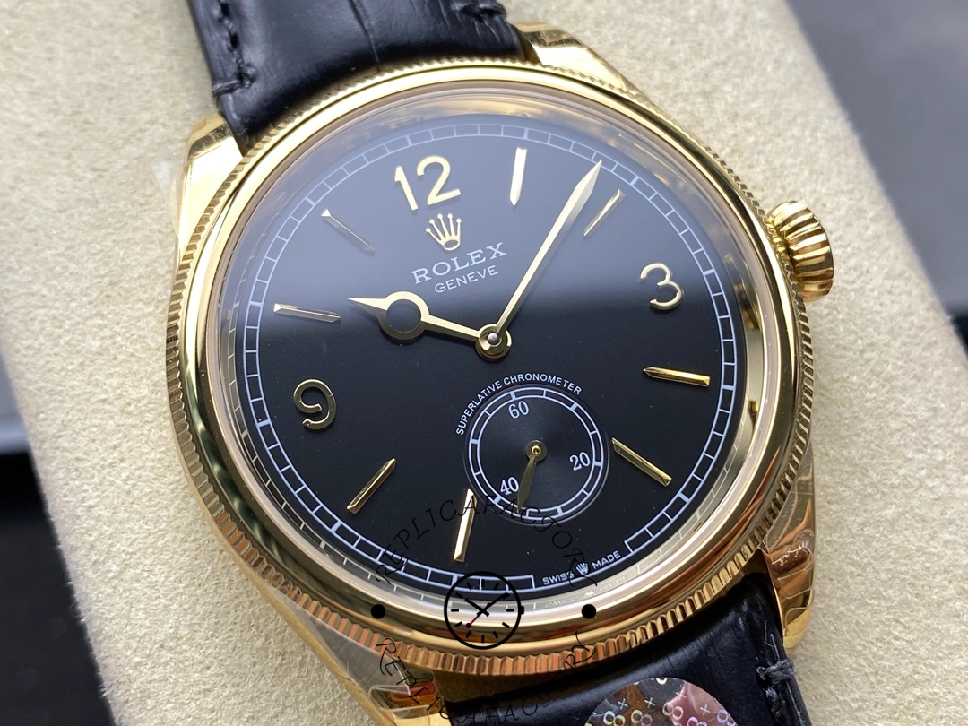 Angled front view of Rolex Perpetual 1908 52508-0002 showing polished gold bezel.