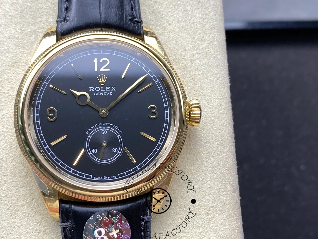 Close-up of Rolex Perpetual 1908 52508-0002 highlighting gold hands and small seconds subdial.