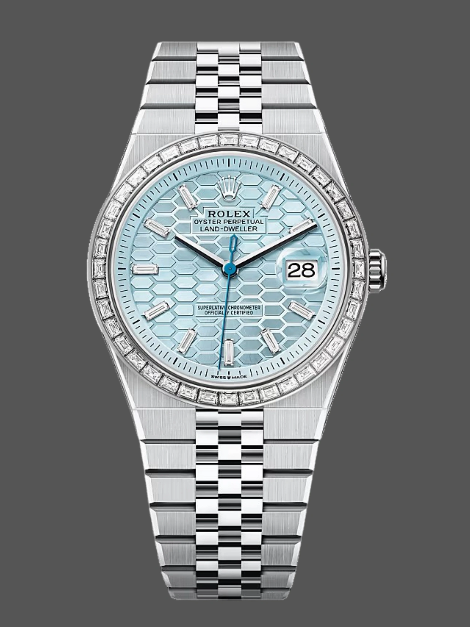 Front view of Rolex Land-Dweller 40 Ref. 127386TBR-0001 with ice blue honeycomb dial.
