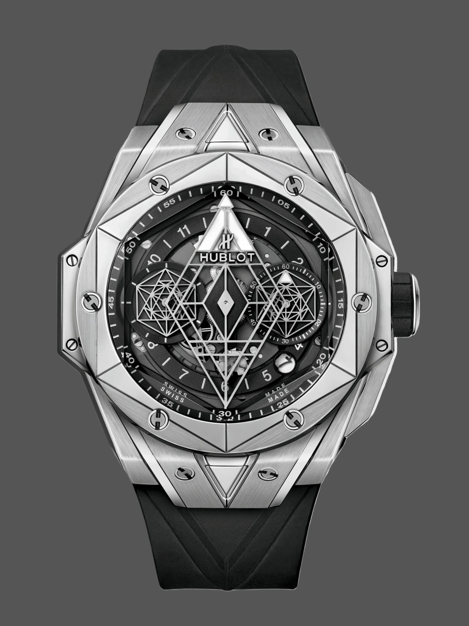 Official render of Hublot Big Bang Sang Bleu II Titanium 45mm with geometric dial.