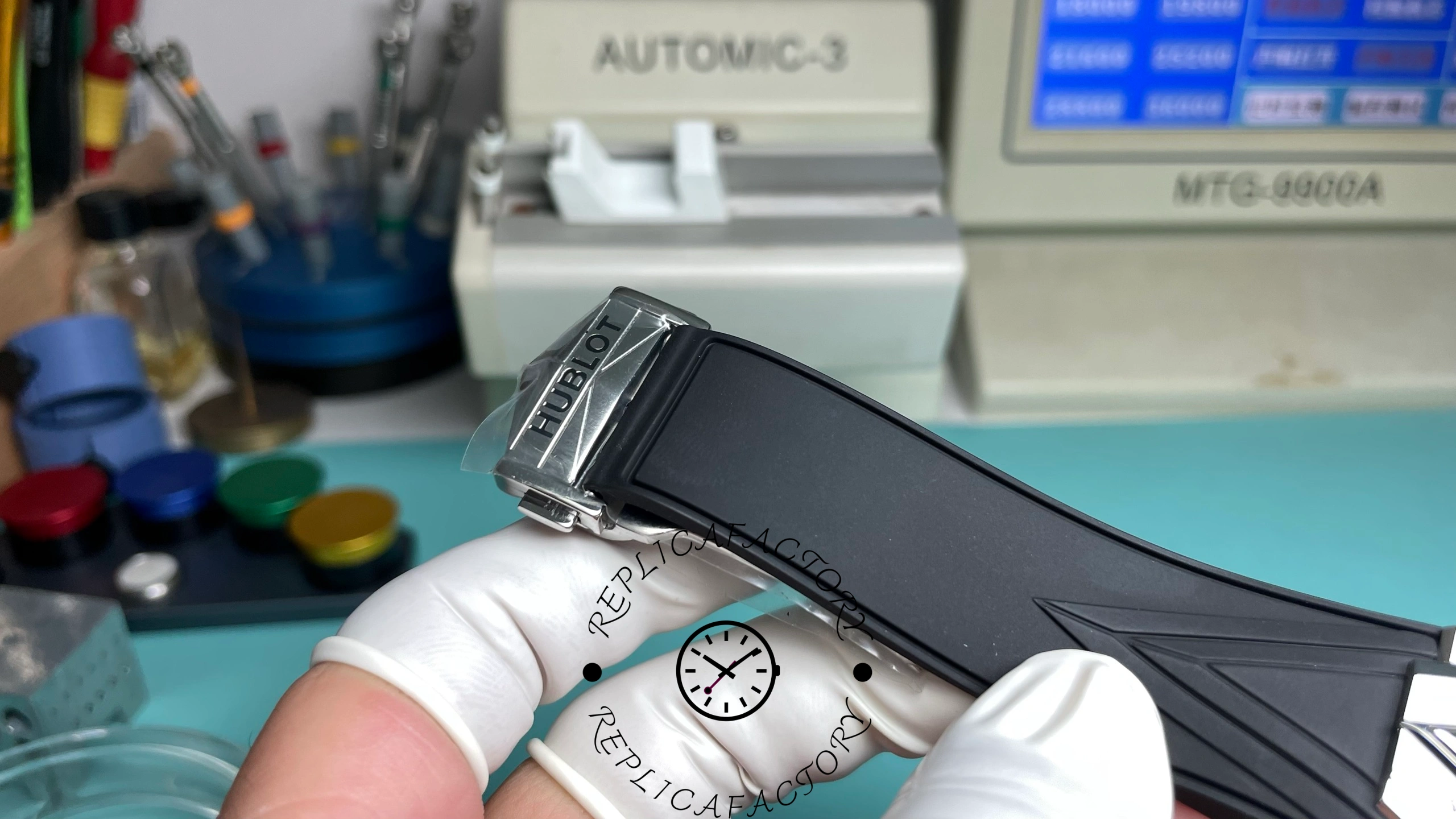 Side back angle of Hublot Big Bang Sang Bleu II Titanium showing limited edition mark.