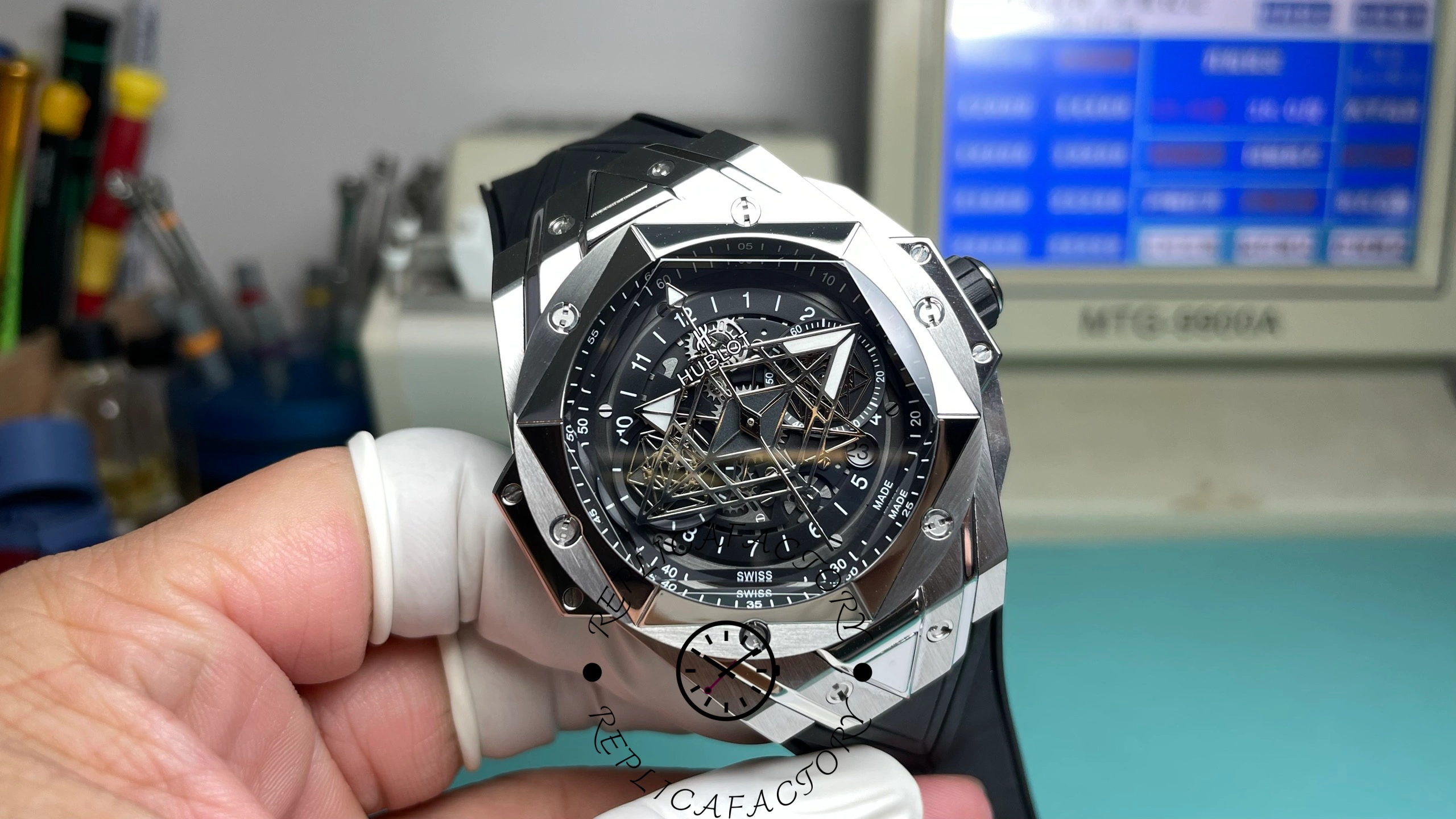 Angled view of Hublot Big Bang Sang Bleu II Titanium 45mm showing dial depth.