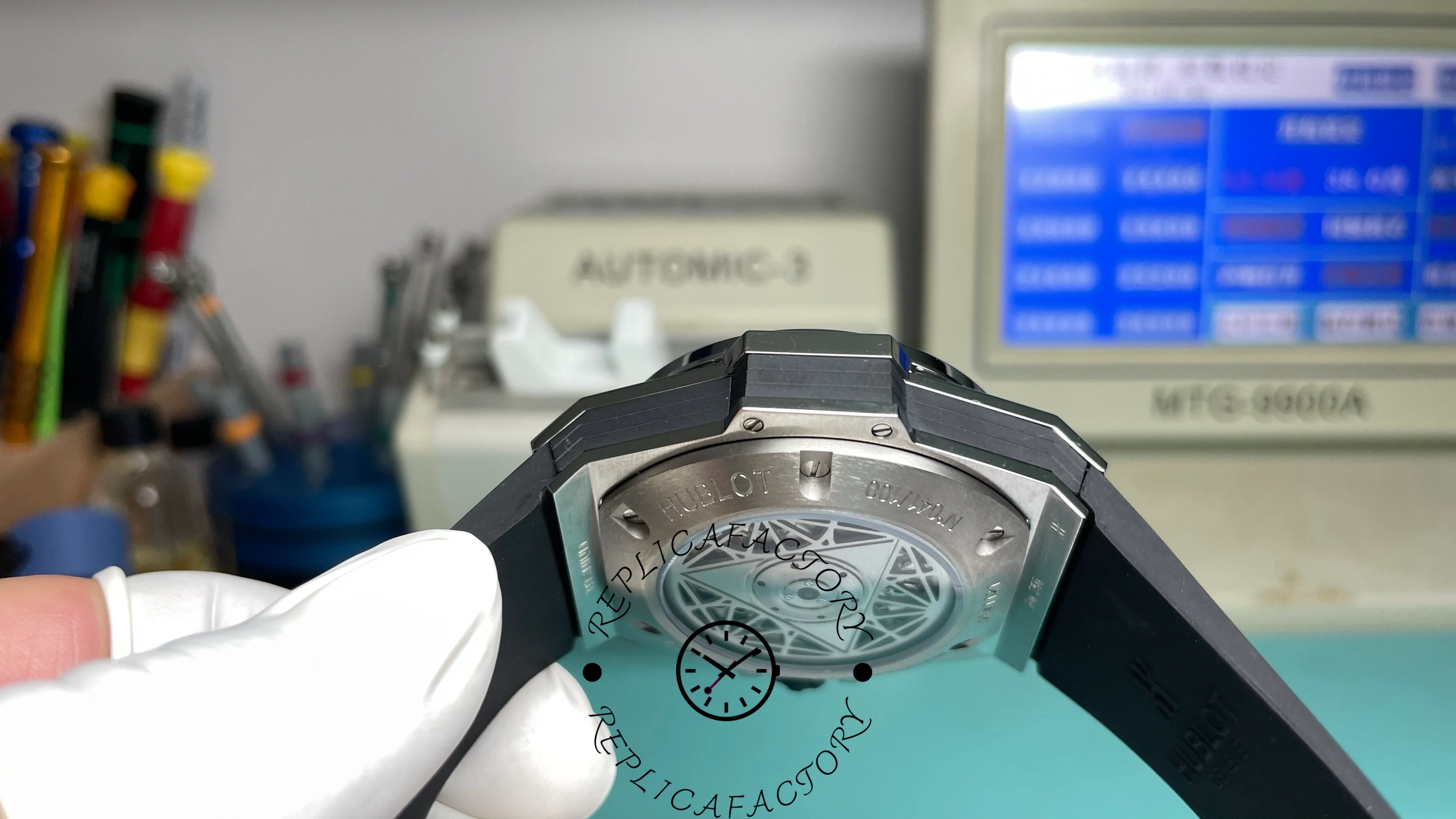 Rear view of Hublot Big Bang Sang Bleu II Titanium showing open caseback rotor.