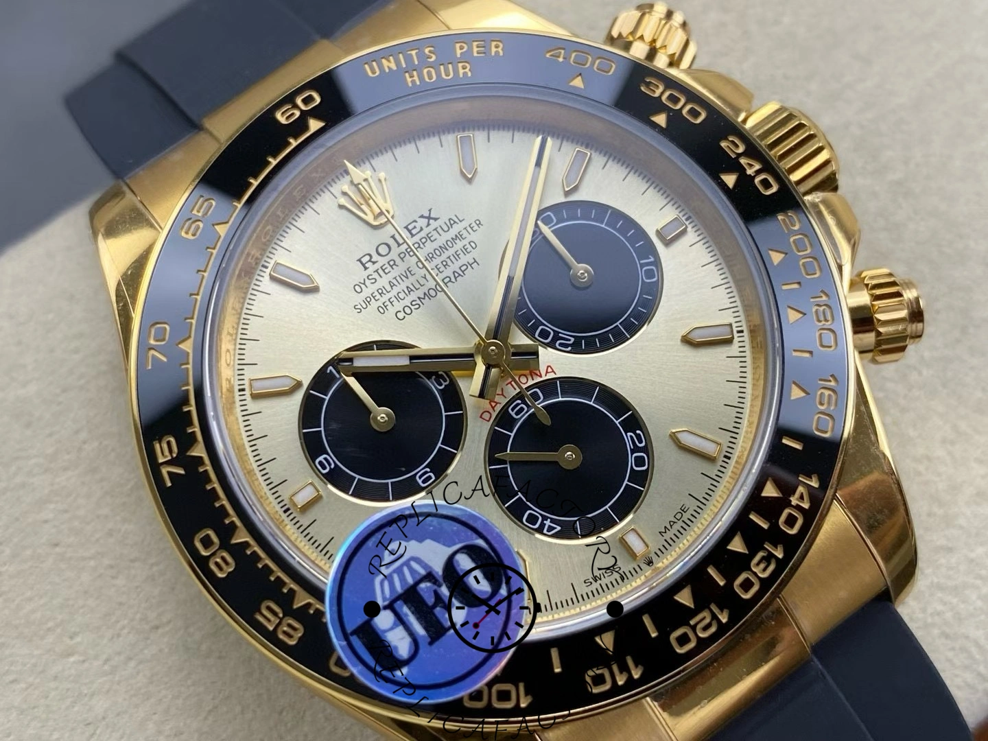 Close-up of Rolex Cosmograph Daytona 126518LN dial showing gold hands and black subdials.