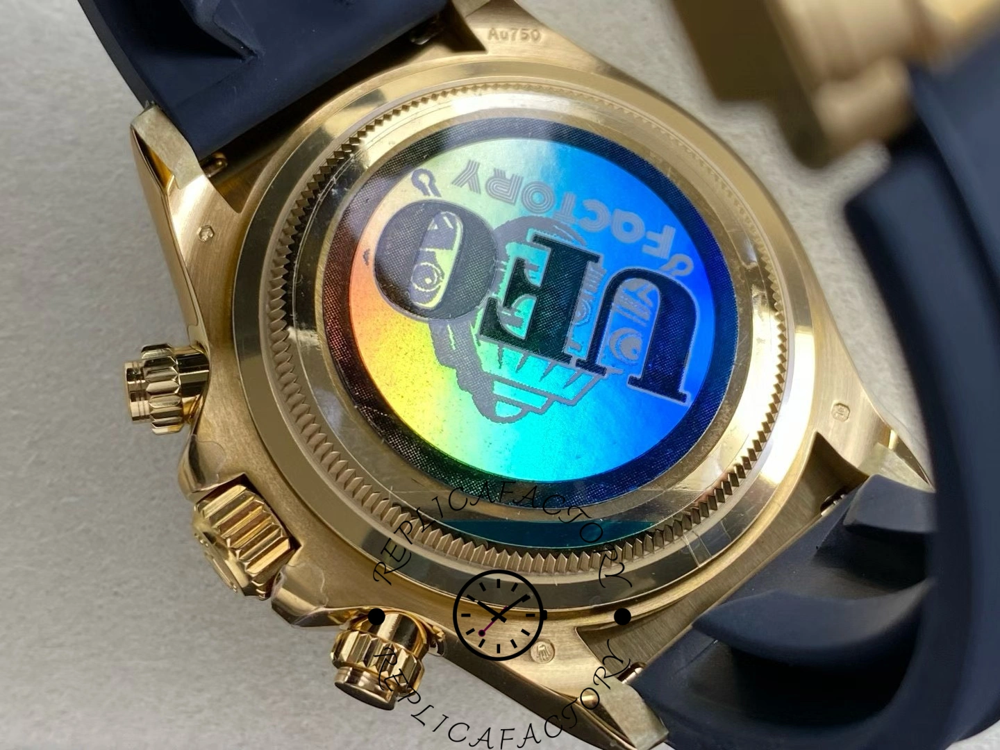 Case back of Rolex Cosmograph Daytona 126518LN with holographic UFO Factory sticker.